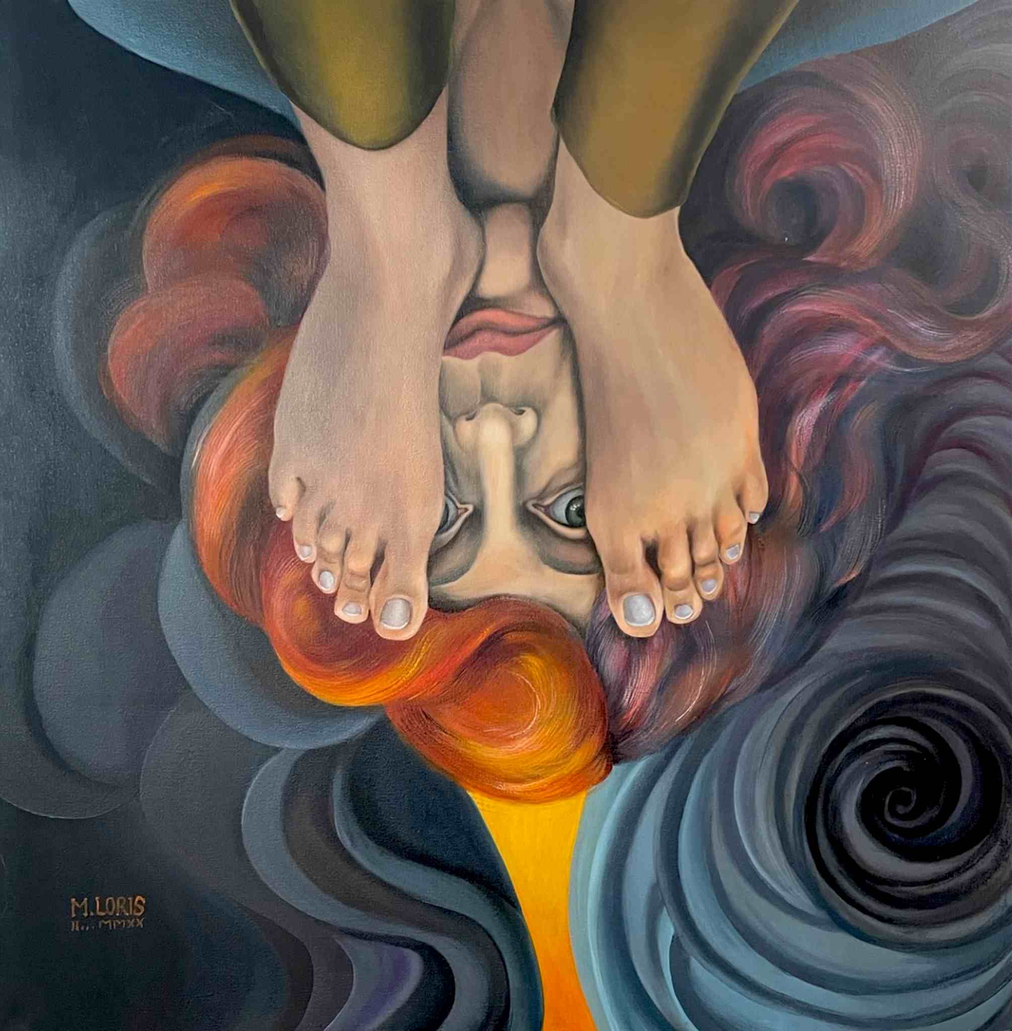 Carpet, oil on canvas, 60 x 60 cm, surrealist portrait painting by M. Loris