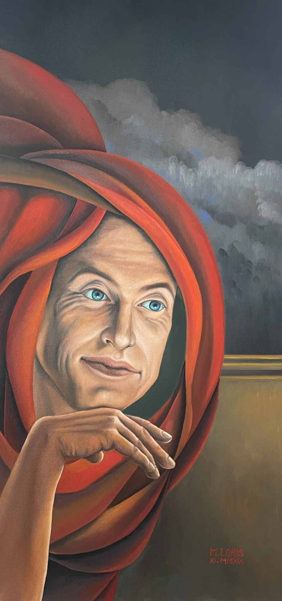 The Come Back, oil on canvas, 40 x 80 cm, surrealist portrait painting by M. Loris