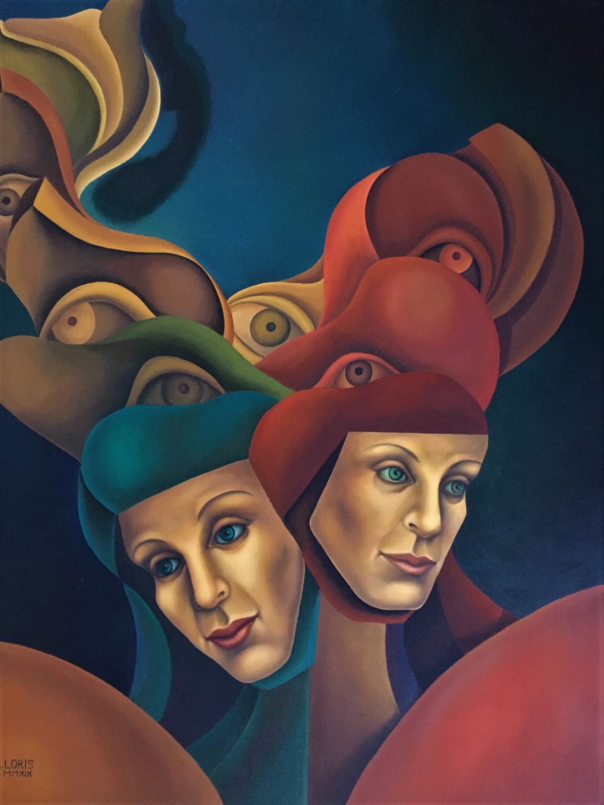 The Sisters, oil on canvas, 65 x 81 cm, surrealist portrait painting by M. Loris