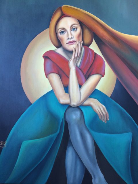 Eleonora’s Stories, oil on canvas, 55 x 46 cm, surrealist portrait painting by M. Loris