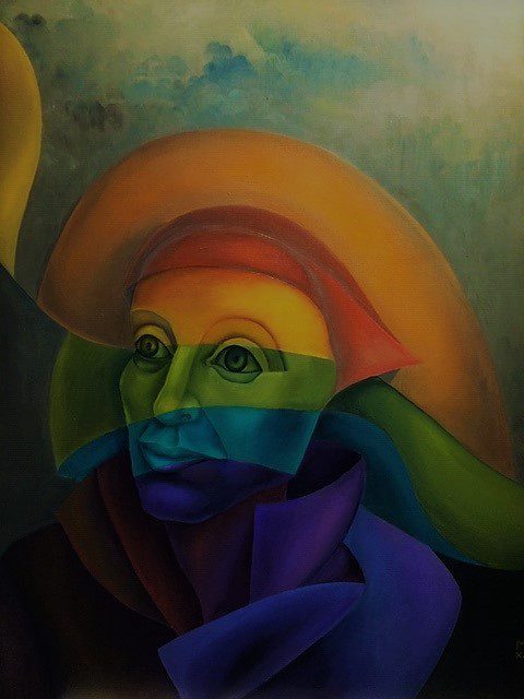 Rainbow In My Mind, oil on canvas, 65 x 81 cm, surrealist portrait painting by M. Loris