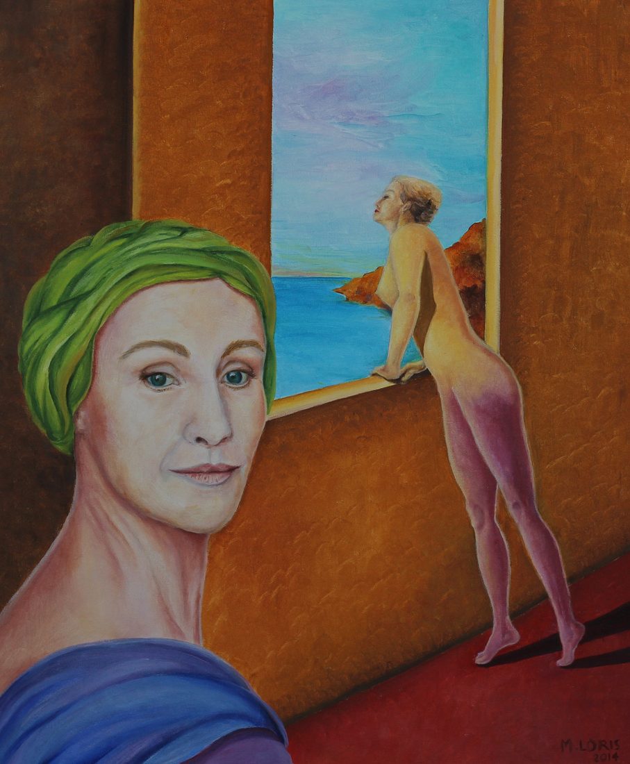 Violetta & Cassis, oil on canvas, 46 x 55 cm, surrealist portrait painting by M. Loris