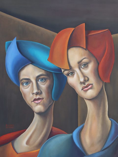 The Conflict, oil on canvas, 60 x 72 cm, surrealist portrait painting by M. Loris