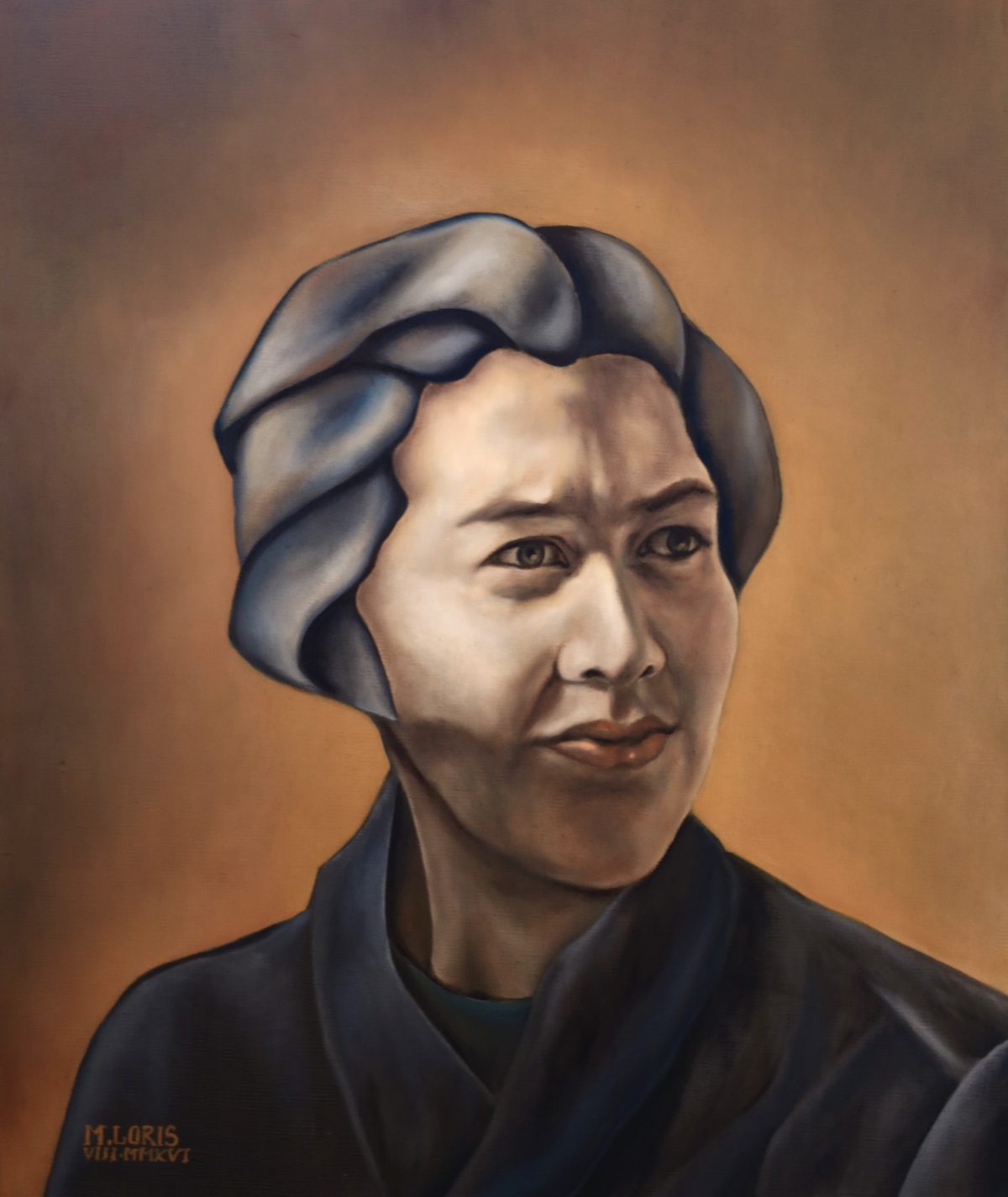 Emma, oil on canvas, 46 x 55 cm, surrealist portrait painting by M. Loris